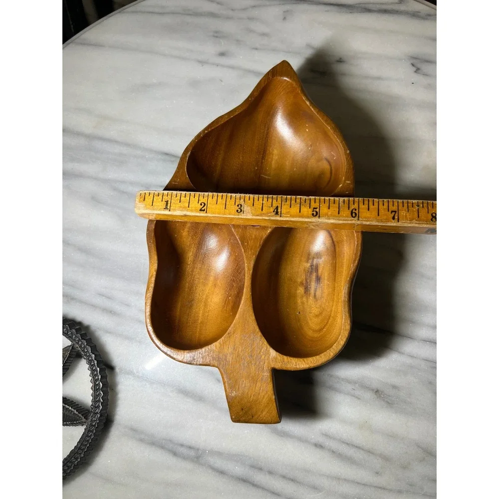 Vintage Hand Carved Wooden Leaf Serving Tray Divided 3 Section Nut Dish Brown